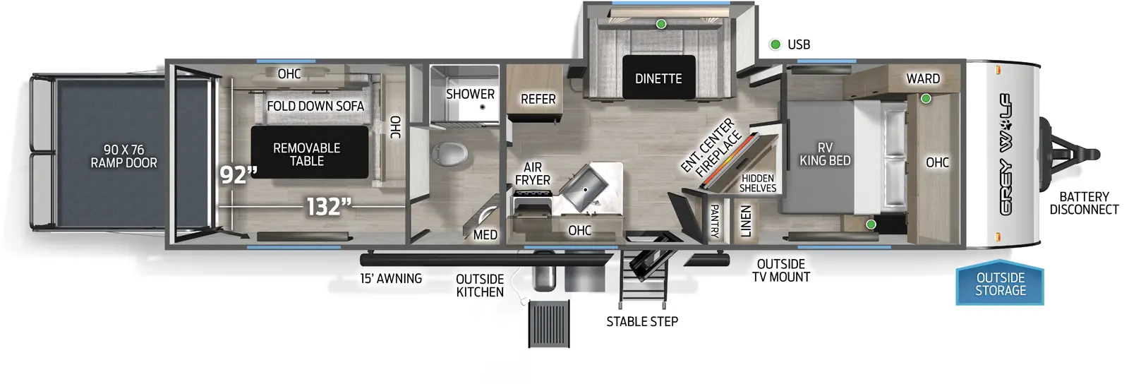 The Grey Wolf 28RRT floorplan is a toy hauler that has one entry and one slide out. Exterior features include: metal exterior and 15' awning. Interiors features include: u-dinette, front bedroom and pass through bathroom.